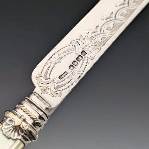 1875 年英國古董白色珍珠手柄和純銀刀片餐具 9 對套裝 Walker 和 Hall 木盒